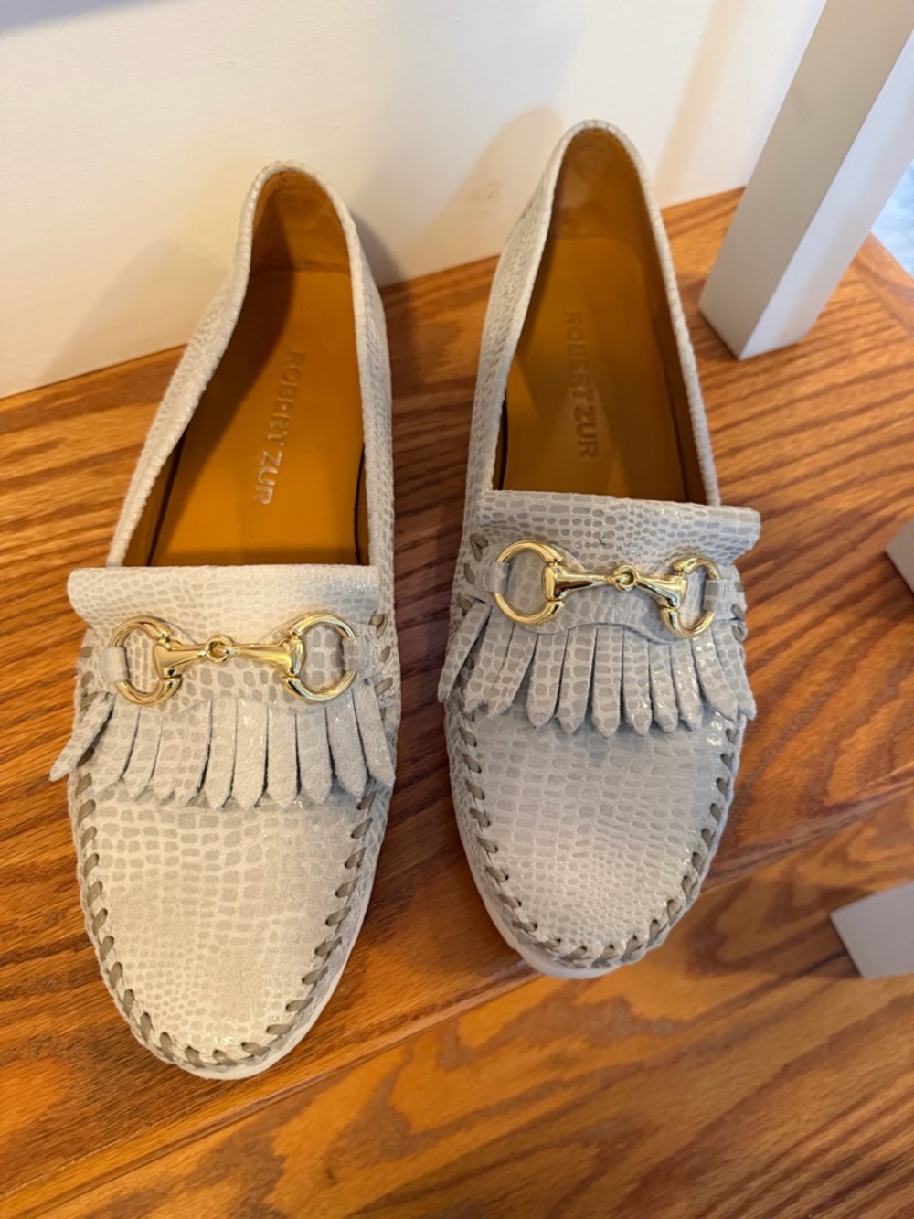 Robert Zur Light Gray Suede Fringe Loafers with Gold Bit